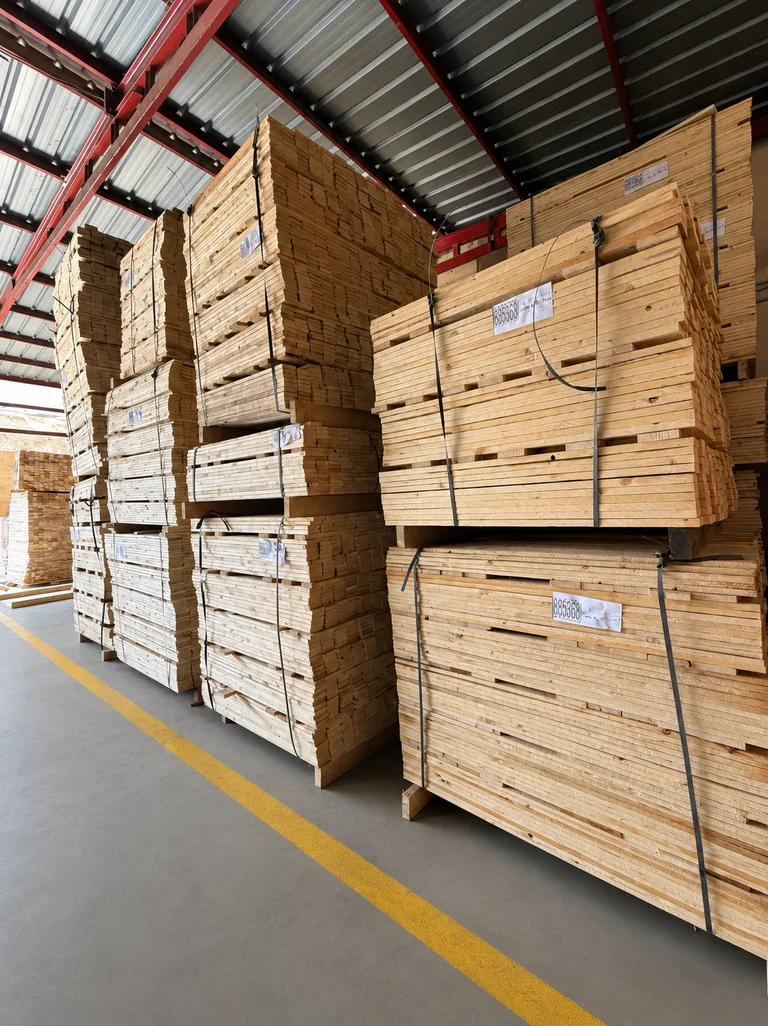 Strapped bundles of cut-to-size wood boards stacked in EL-Saady's Suez warehouse, Egypt
